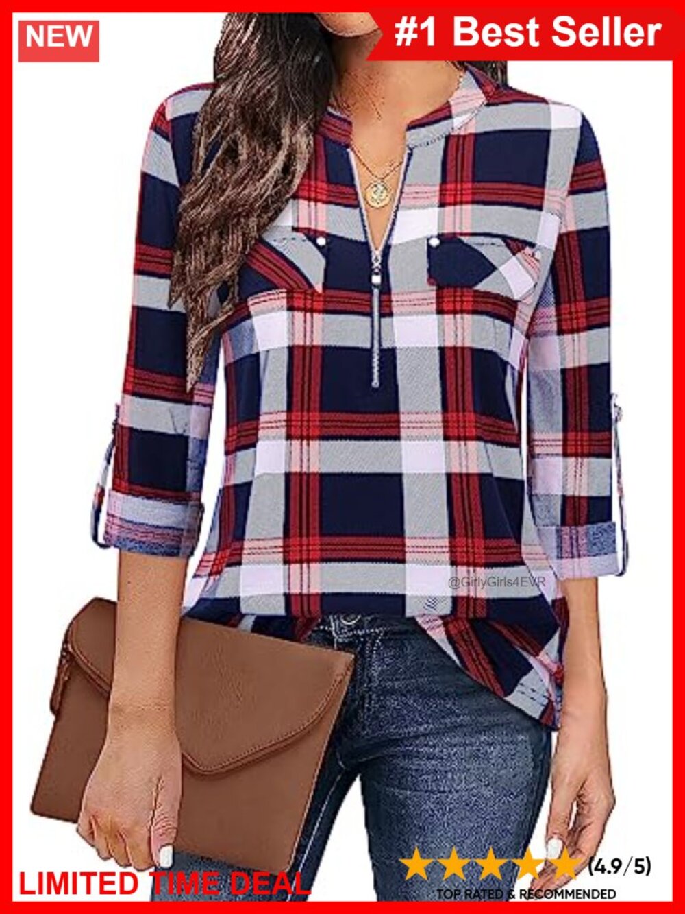 Womens 3/4 Sleeve V Neck Zipper Plaid Tunic Blouse Business Casual Soft Knit